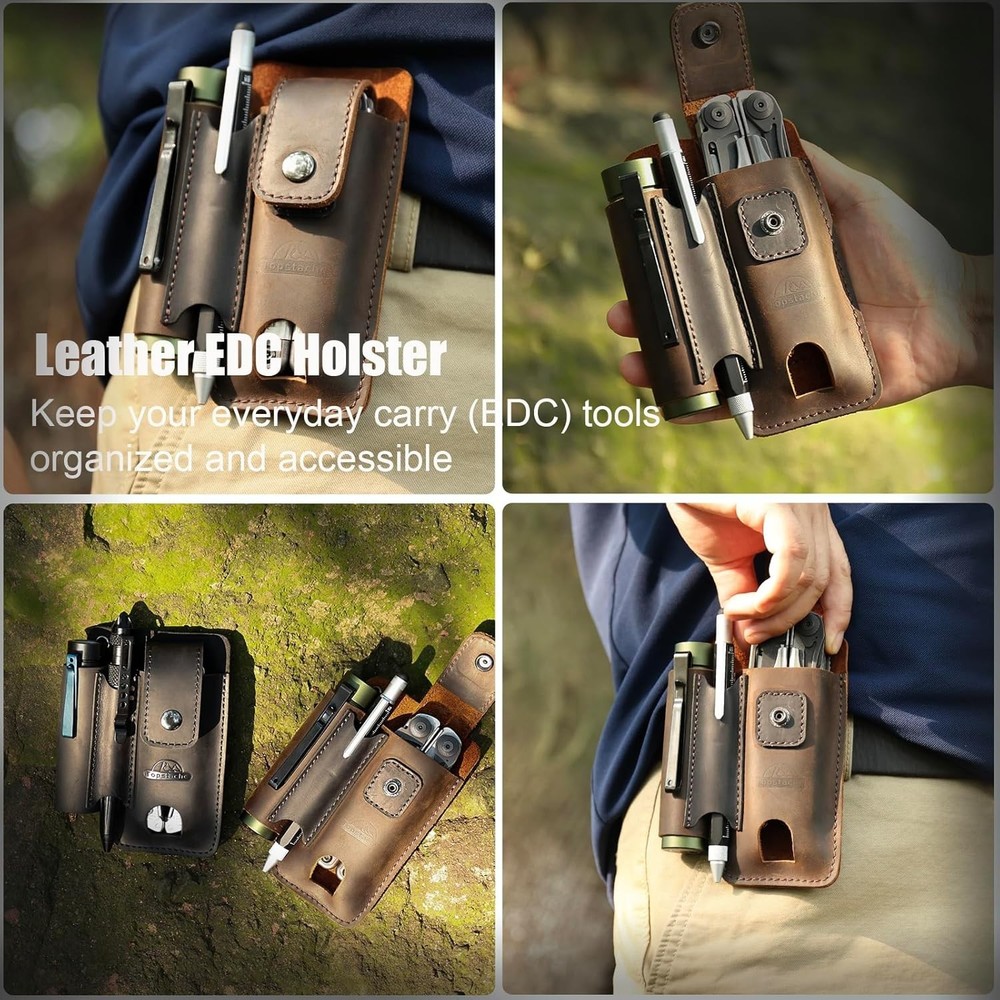Leather multitool sheath with belt clip and compartments for EDC tools