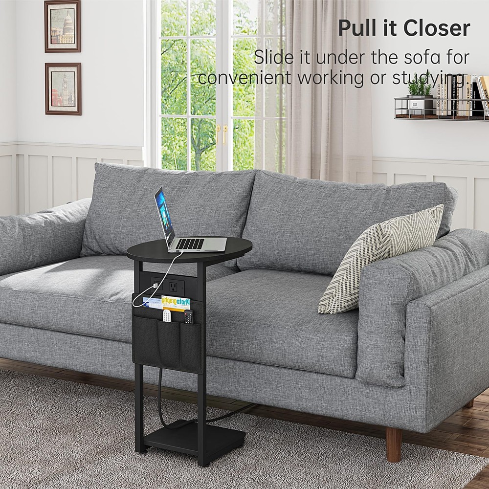 C Shaped End Table With Charging Station Small Side Table Round Couch Black