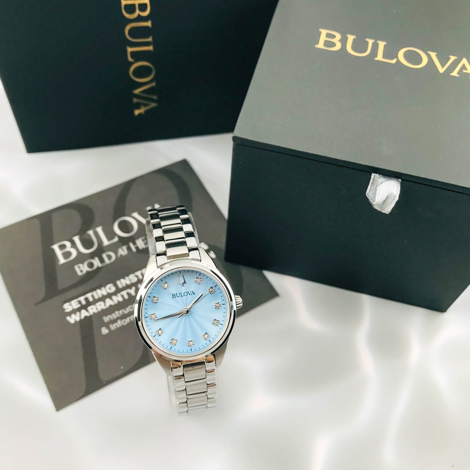 Bulova Classic 96P250 Sutton 11 Diamonds Blue Dial Women's Quartz Watch 28mm