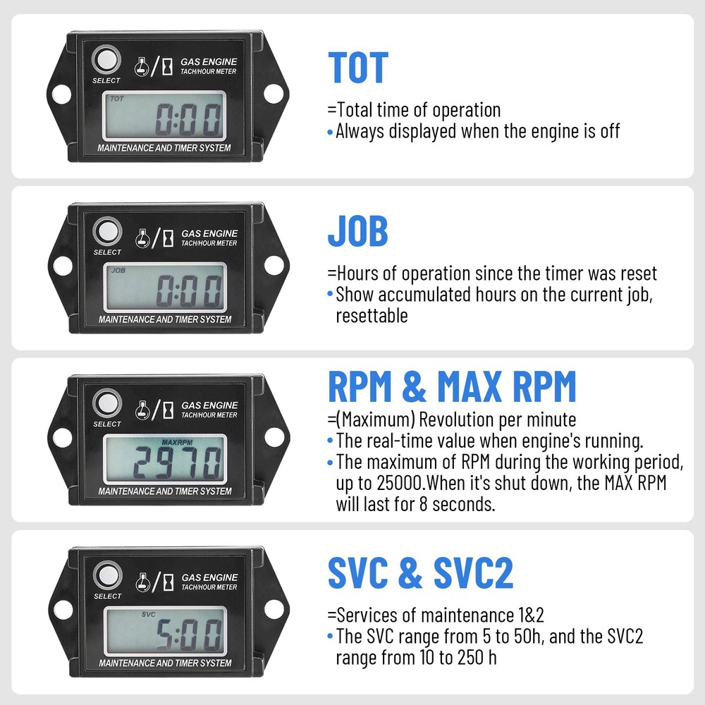 Waterproof IP68 Digital Tiny Tachometer Hour Meter Resettable Job Timer+Battery