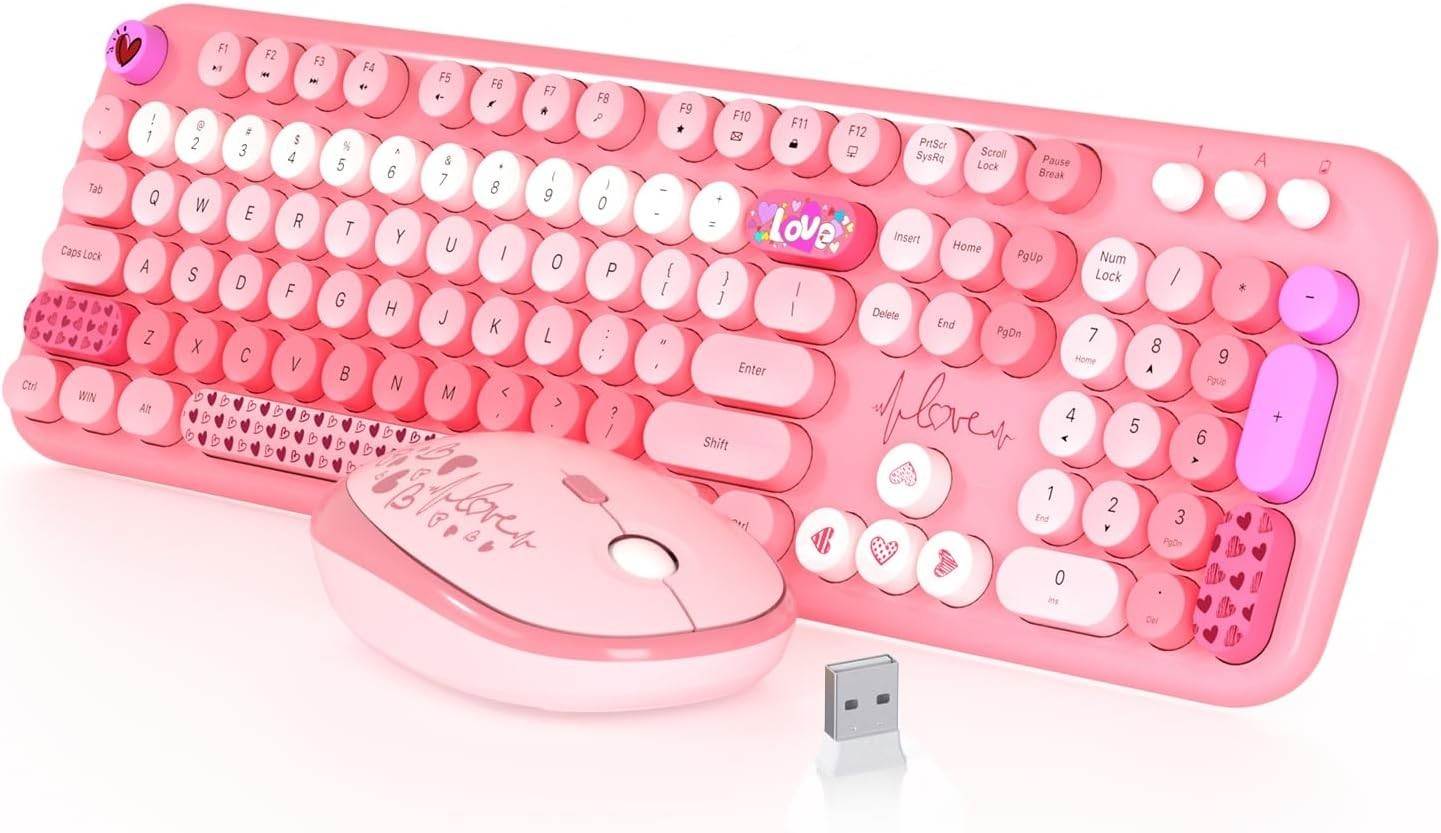 Pink Wireless Keyboard and Mouse,MOFII 104 Round Keys Lovely Full-Size
