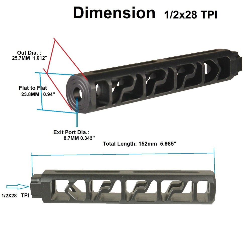 Silver 6" Solid PC Low Concussion 1/2x28 TPI Muzzle Brake Adapter Washer Include
