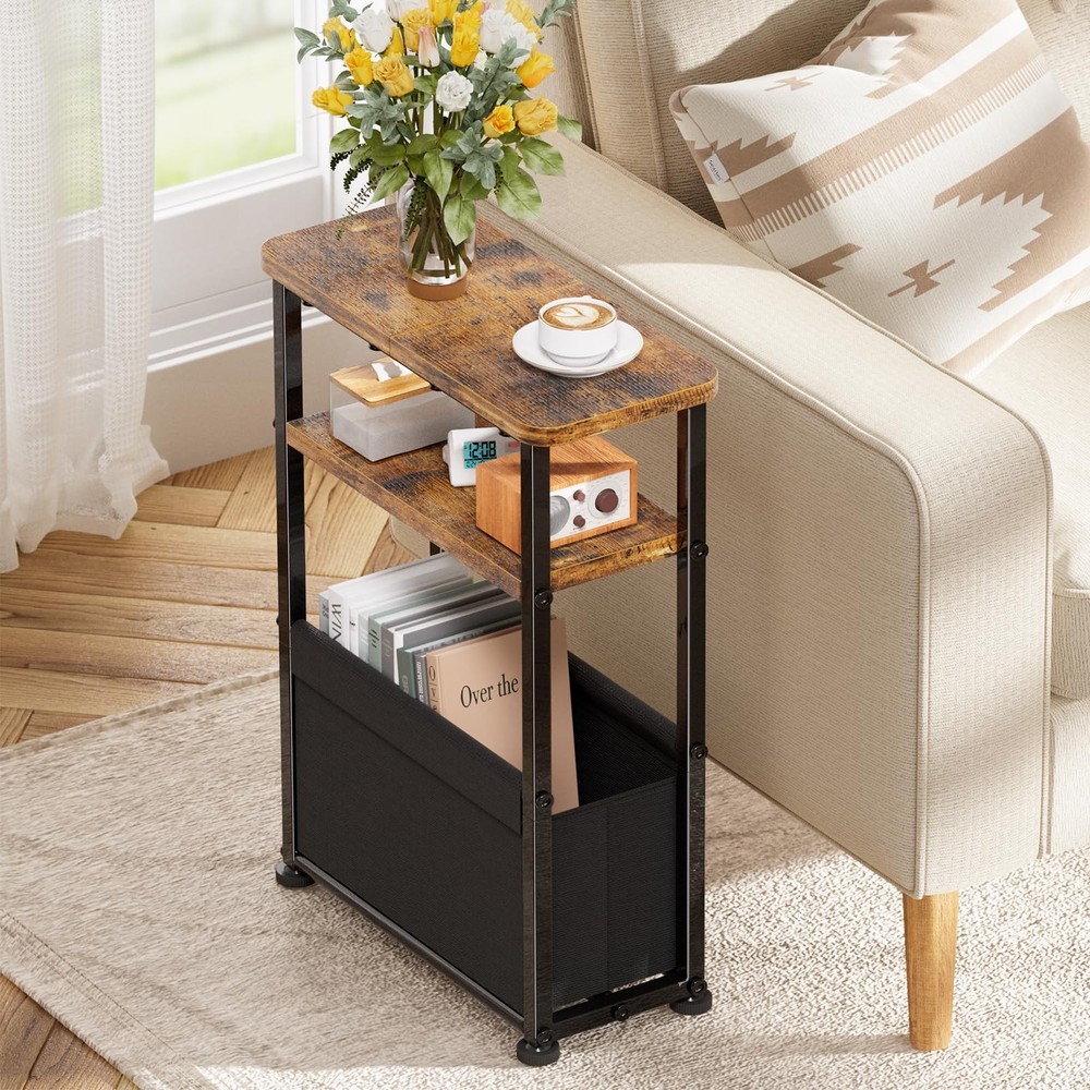 Narrow Side Table 3-Tier Slim End Table Fabric Basket Nightstand Brown