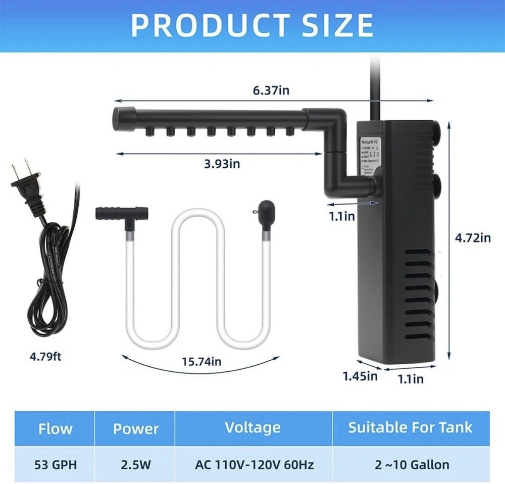 Submersible Aquarium Filter 53 GPH for 2-10 Gallon Tanks, Multi-Function Pump