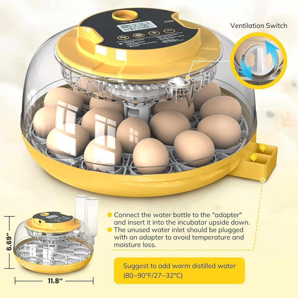18-Egg Incubator with Auto Turn, Temp Display, Humidity Control & Egg Candler