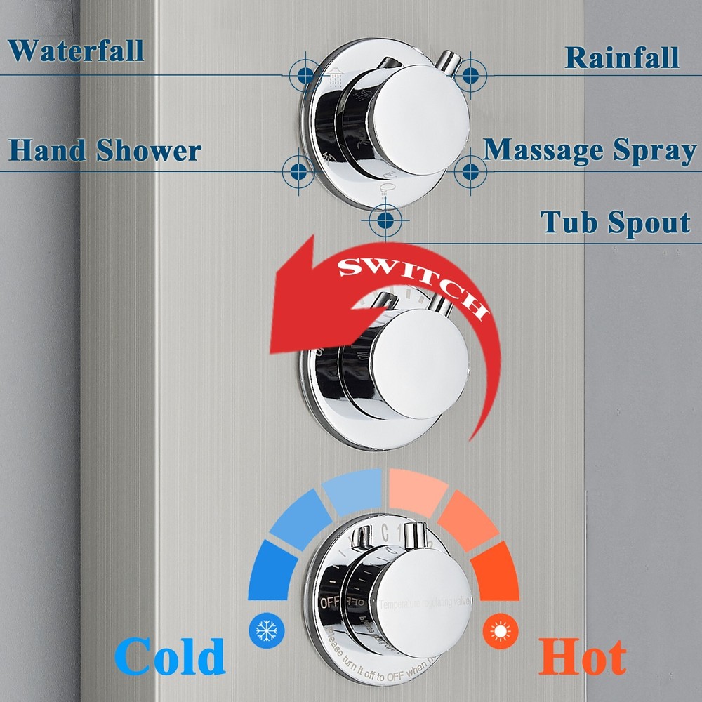 ELLO&ALLO Shower Panel Tower System Brushed Nickel LED Rainfall Massage Jets Tap