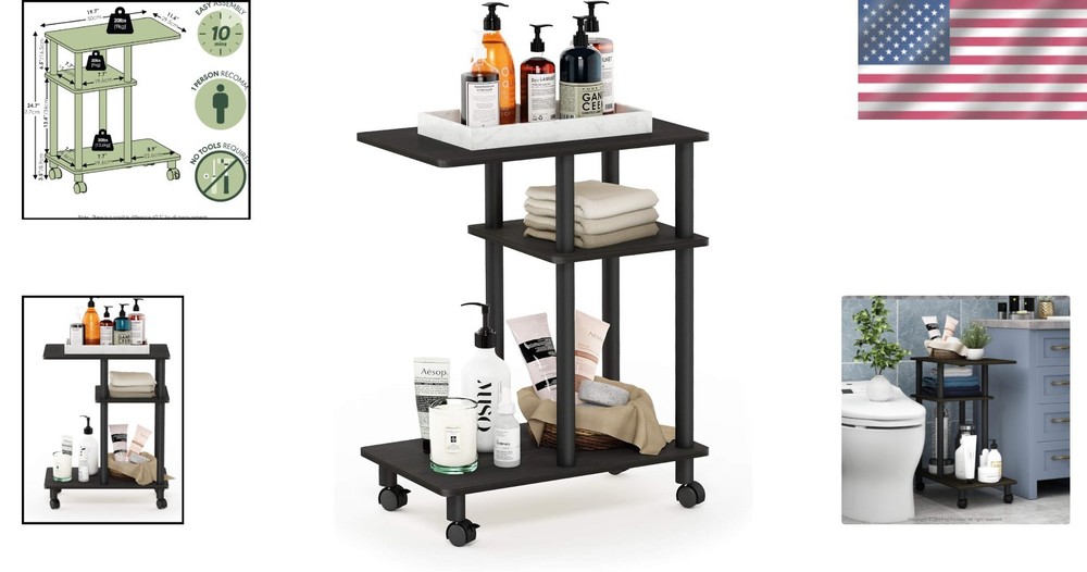 Stylish C-Shape Side Table with 3 Shelves and Easy Assembly, Espresso/Black
