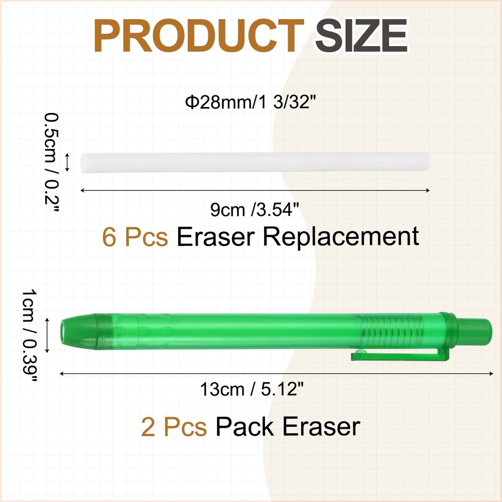 2+6Pcs Retractable Eraser Pen, with 6Replacement Rubber Refill, Green TPE