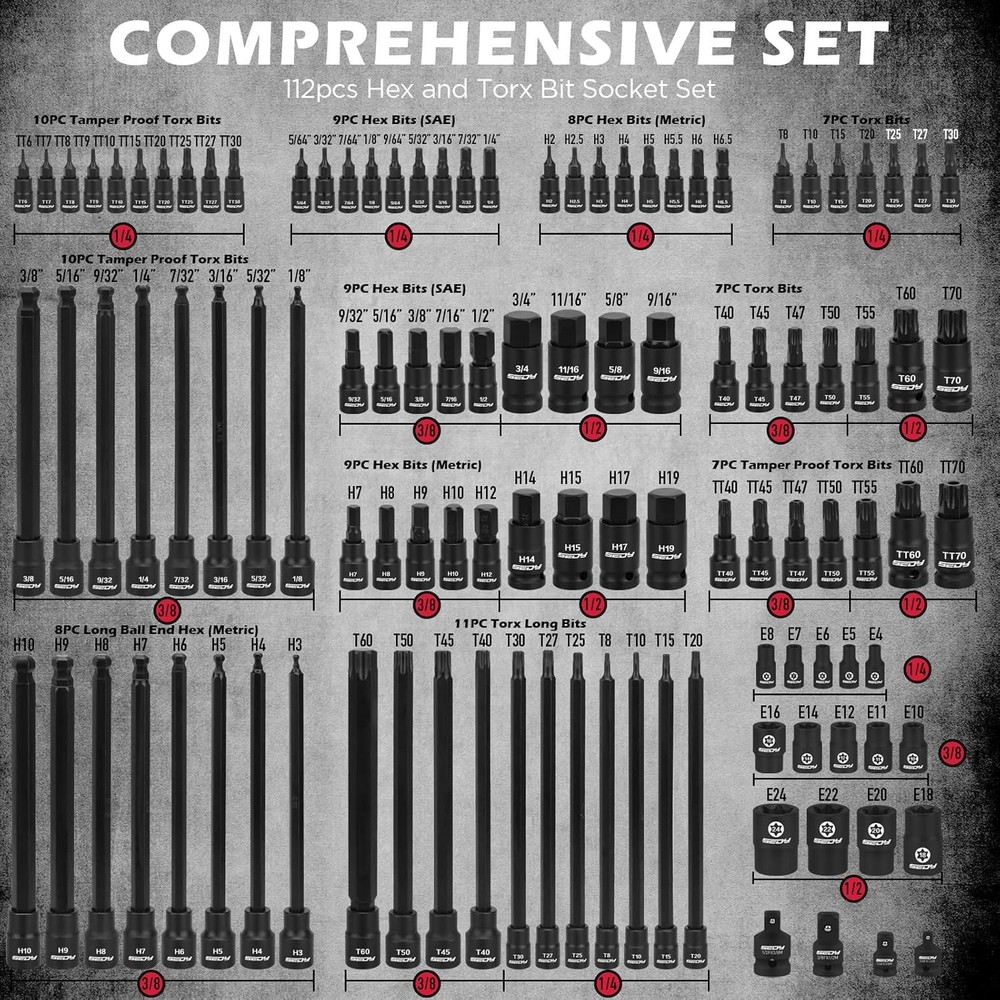 112-Piece Torx and Allen Bit Socket Set, 1/4, 3/8,1/2 Drive Bit Socket Set
