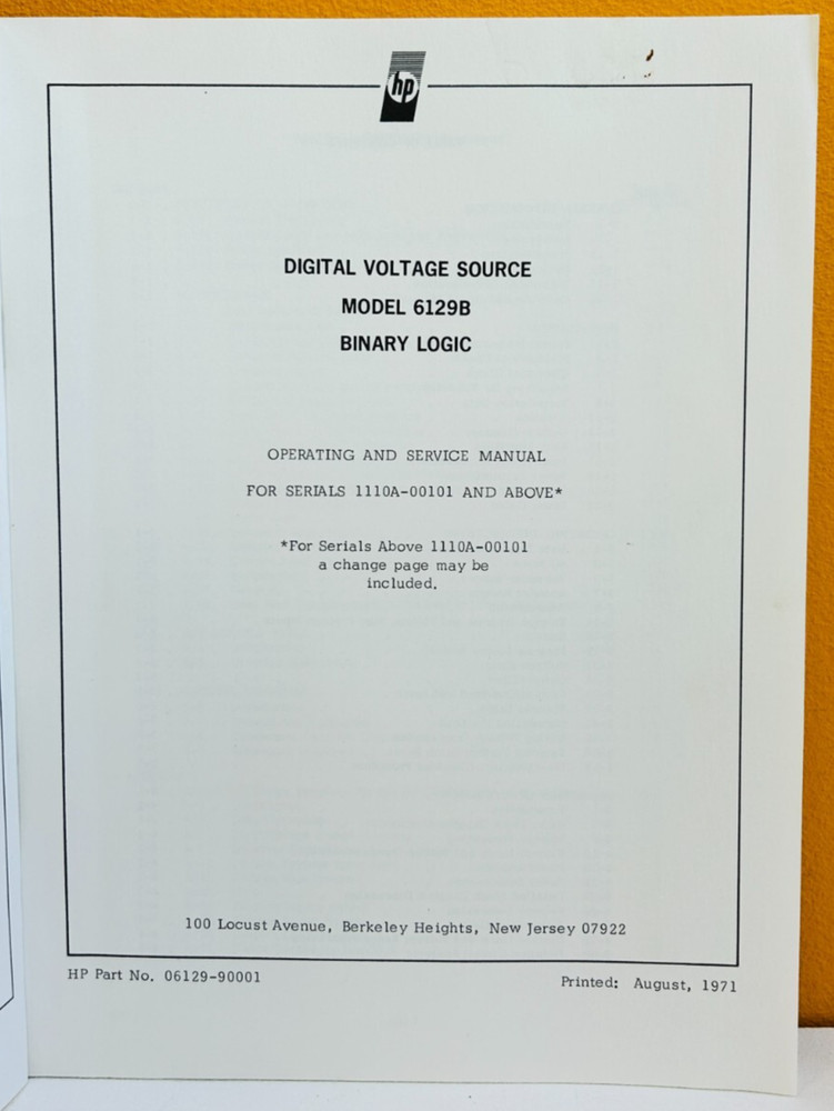HP Agilent 06129-90001 1971 6129B Digital Voltage Source Binary Logic Manual.