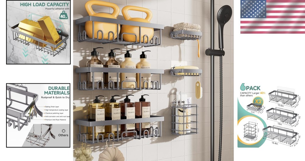 Effortless Bathroom Storage: 6-Piece Rustproof Shower Caddy Set with Adhesive