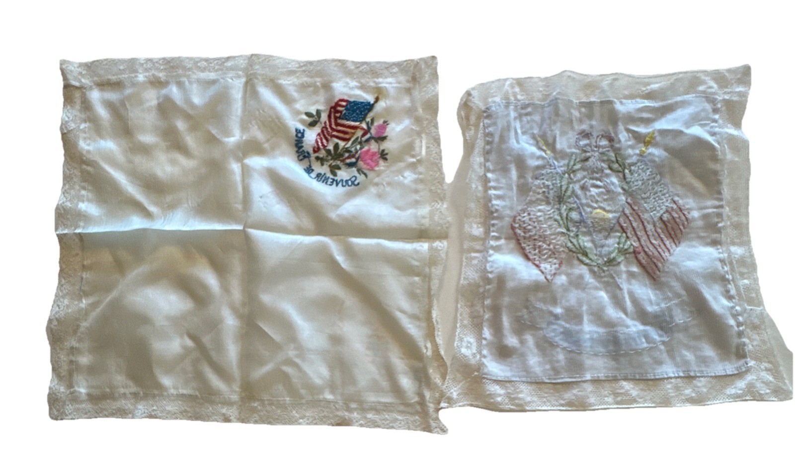 WWI Souvenir De France Embroidered Silk Handkerchief Lot of 2 1914-1919 As