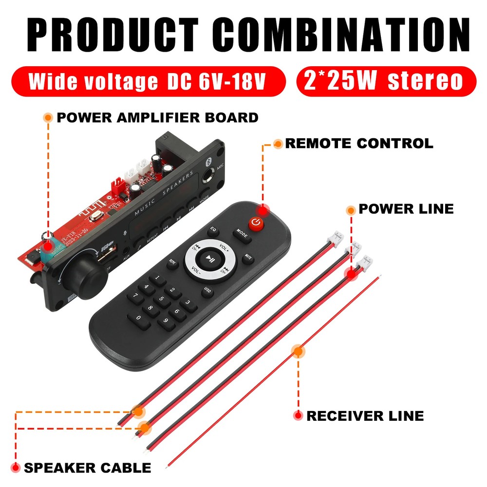 200W Bluetooth Amplifier DIY MP3 WAV Decoder Board - Wireless 12V Power