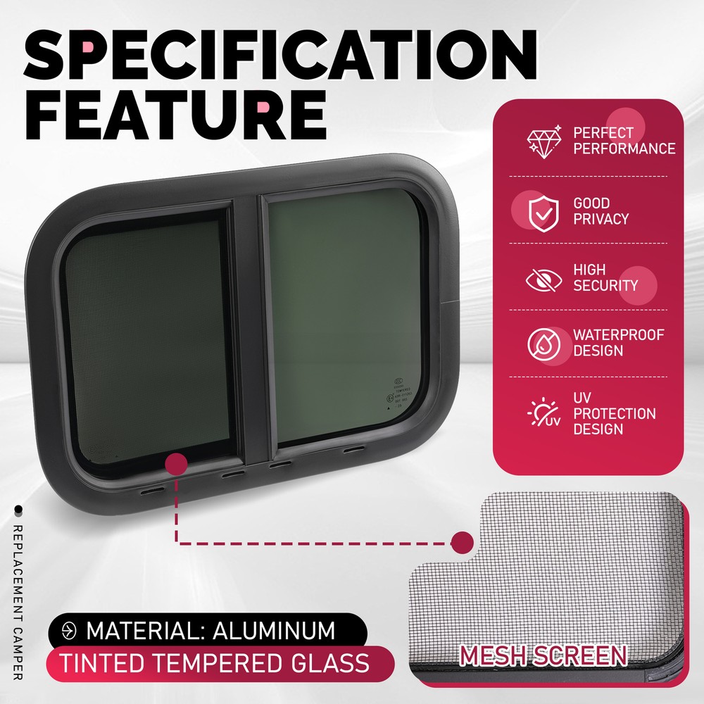 21" X 14" Teardrop Horizontal Sliding Replacement RV Window w/ Screen & Trim