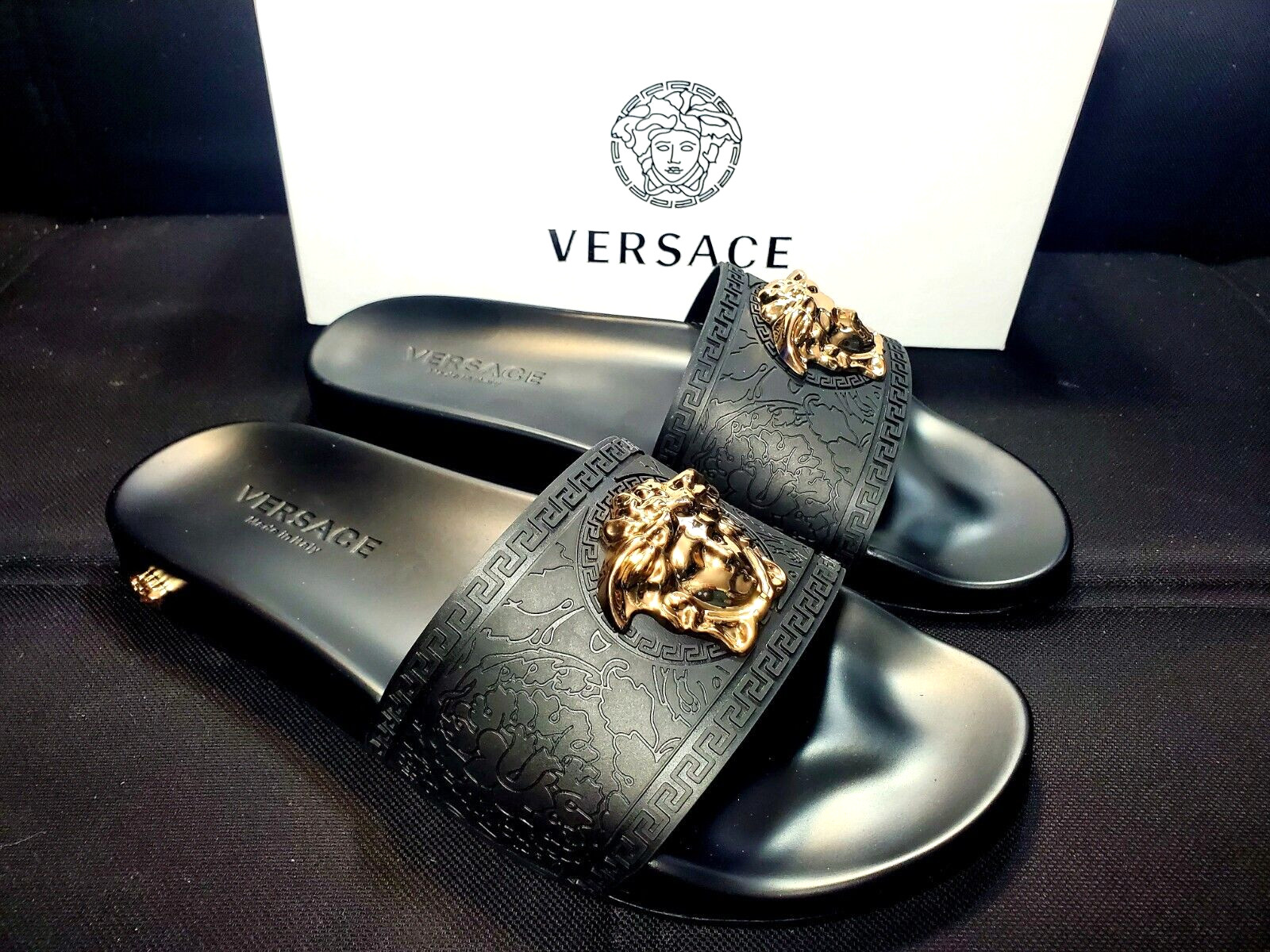 Men's Black Gold Versace Medusa Palazzo Sandals Slides Flip Flops