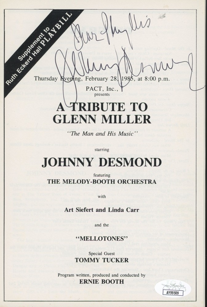 Johnny Desmond Signed 1985 Playbill Insert Ruth Eckerd Hall JSA Authenticated
