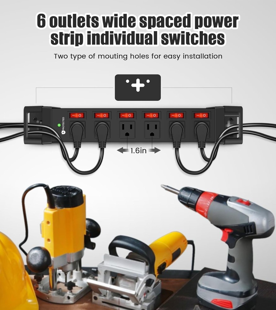 Safe and Durable 6 Outlet Surge Protector with Cord Management & Flat Head Plug