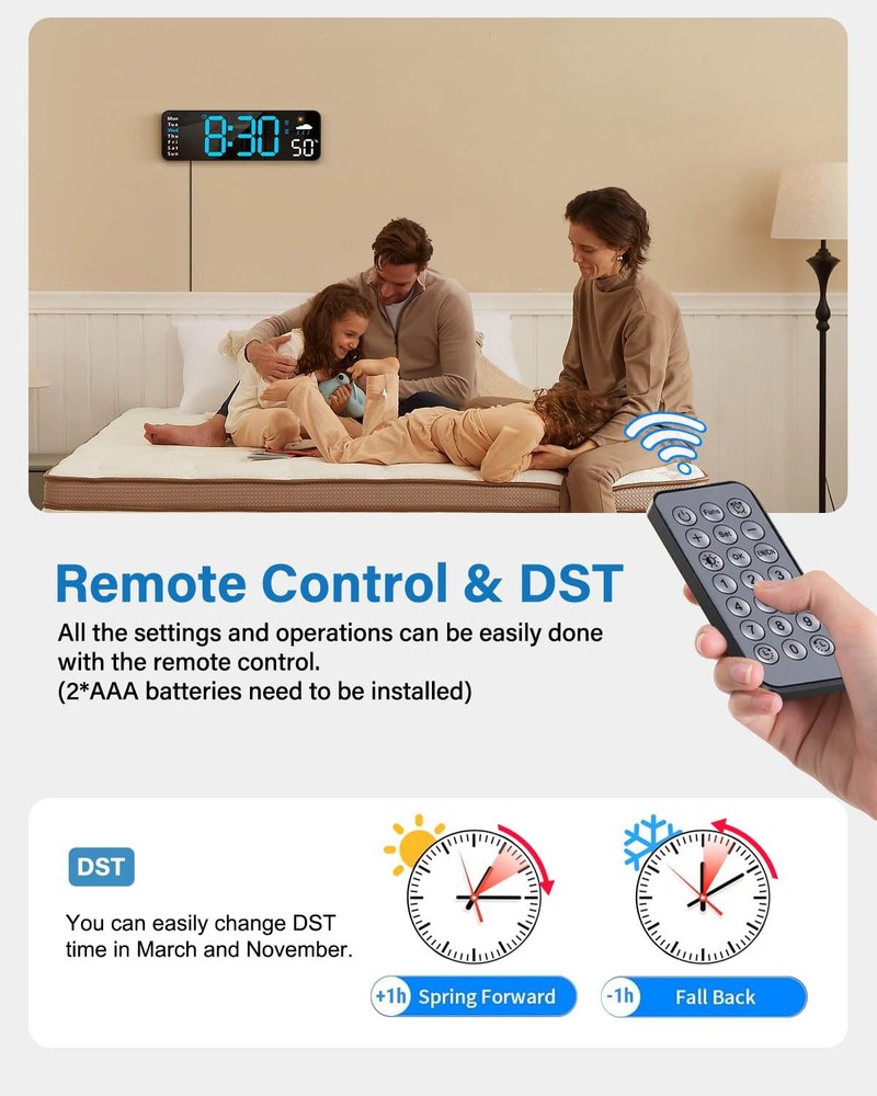 Digital Wall Clock, Digital Clock Large Display with Remote Control, Corded L...