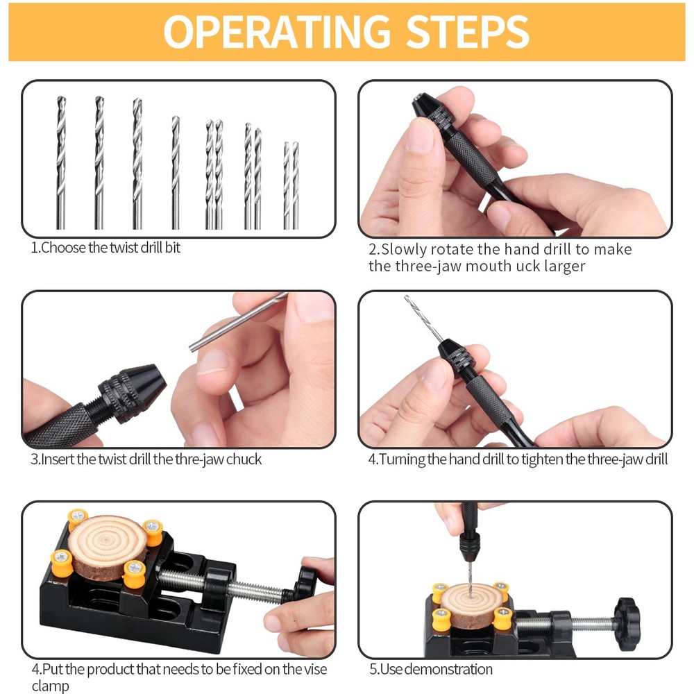60PACK Mini Micro Hand Drill Bits Set Small Manual Keyless Chuck Pin Vise Rotary