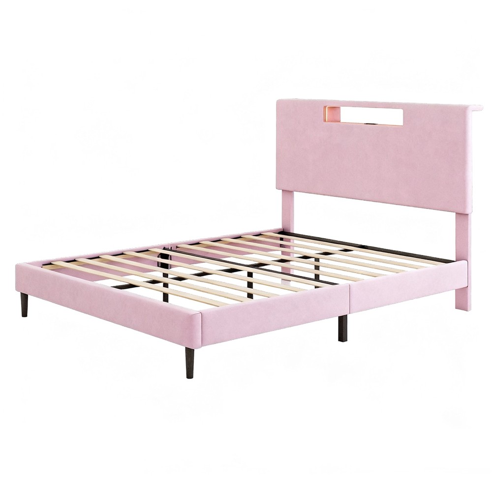 Wooden Bed Frame Full Slat Support Platform Bed With High Headboard LED Lights