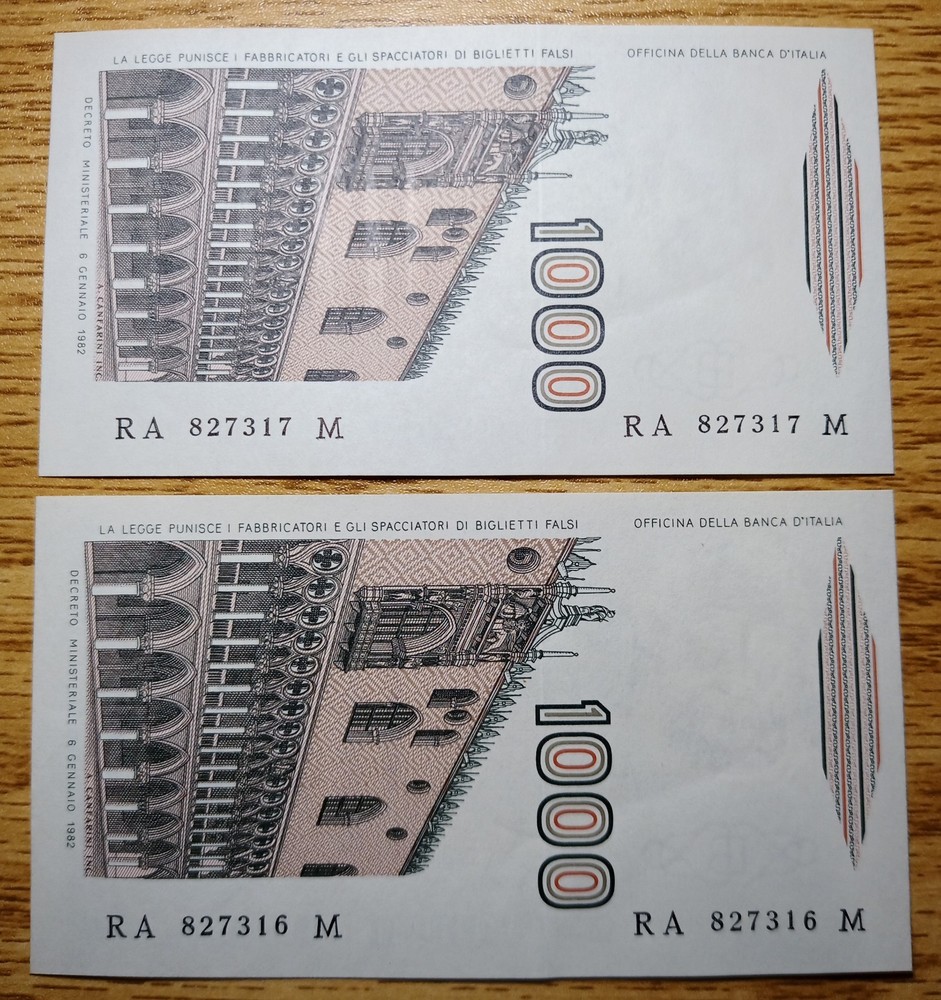 2x 1982 Italy 1000 Lira Banknotes Consecutive Serial Pair UNC Uncirculated Notes