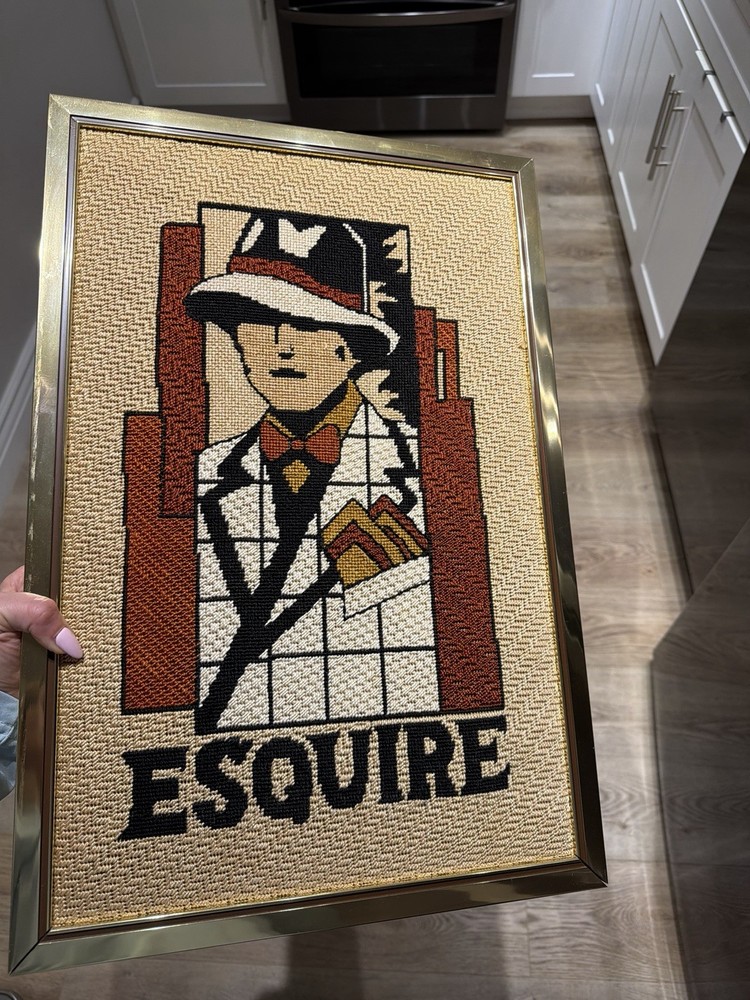Framed Needlepoint Esquire Dapper Man Art Deco Embroidery