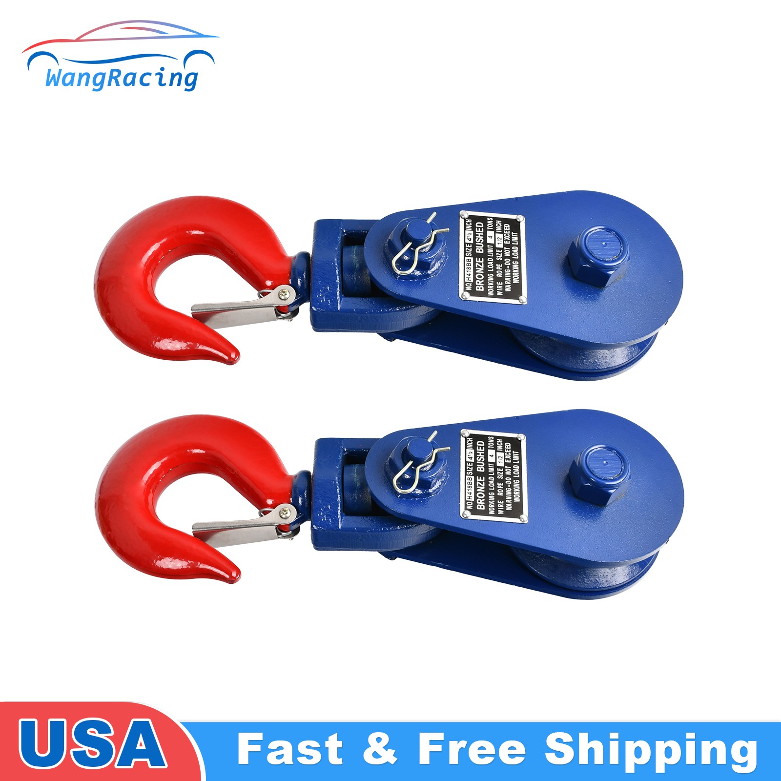 2pack 4 Ton Snatch Block w/Swivel Hook Safety Latch 4-1/2" Sheave 1/2" Wire Rope