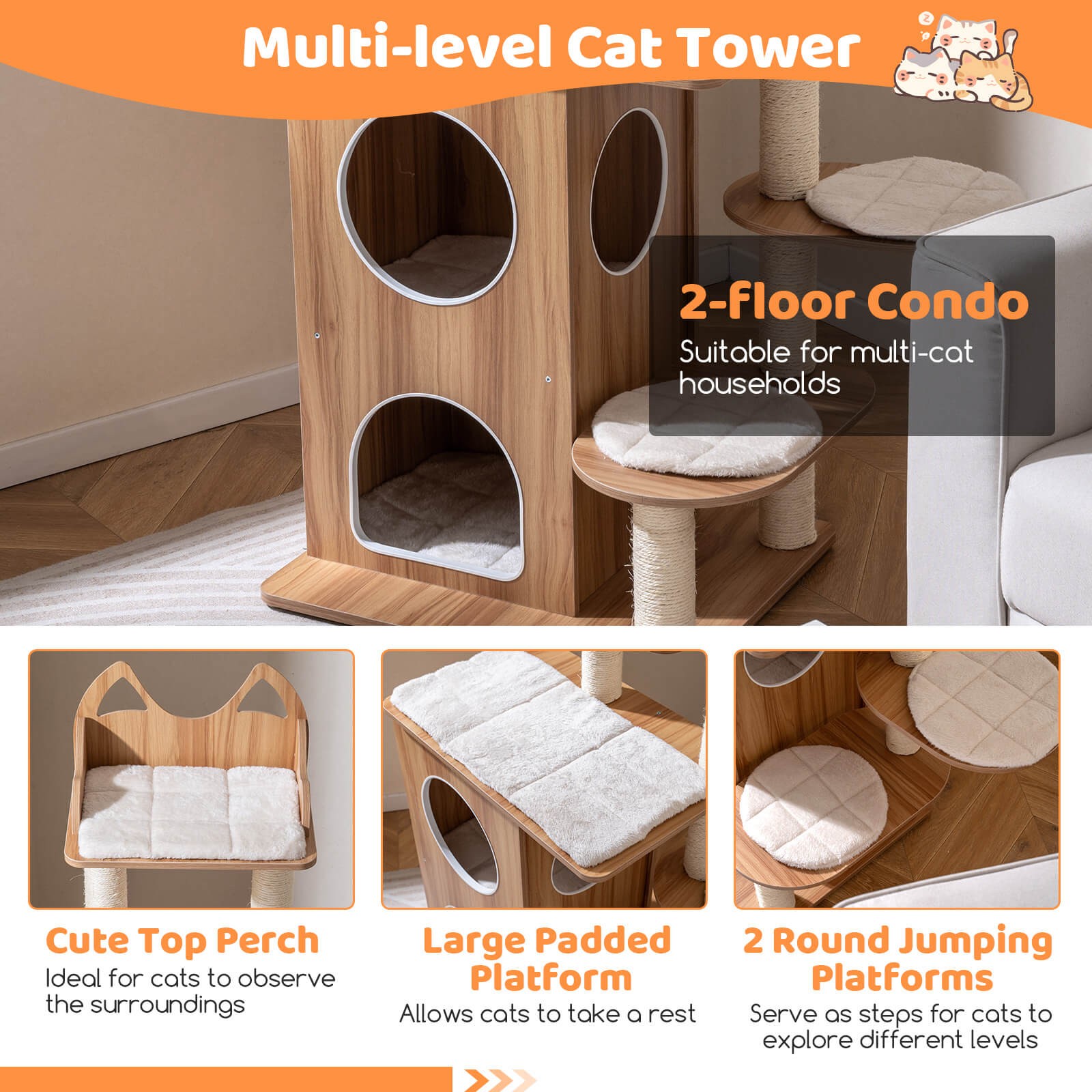 Wooden Cat Tree 48" Cat Tower for Indoor Cats w/ 2-floor Condo Cute Top Perch