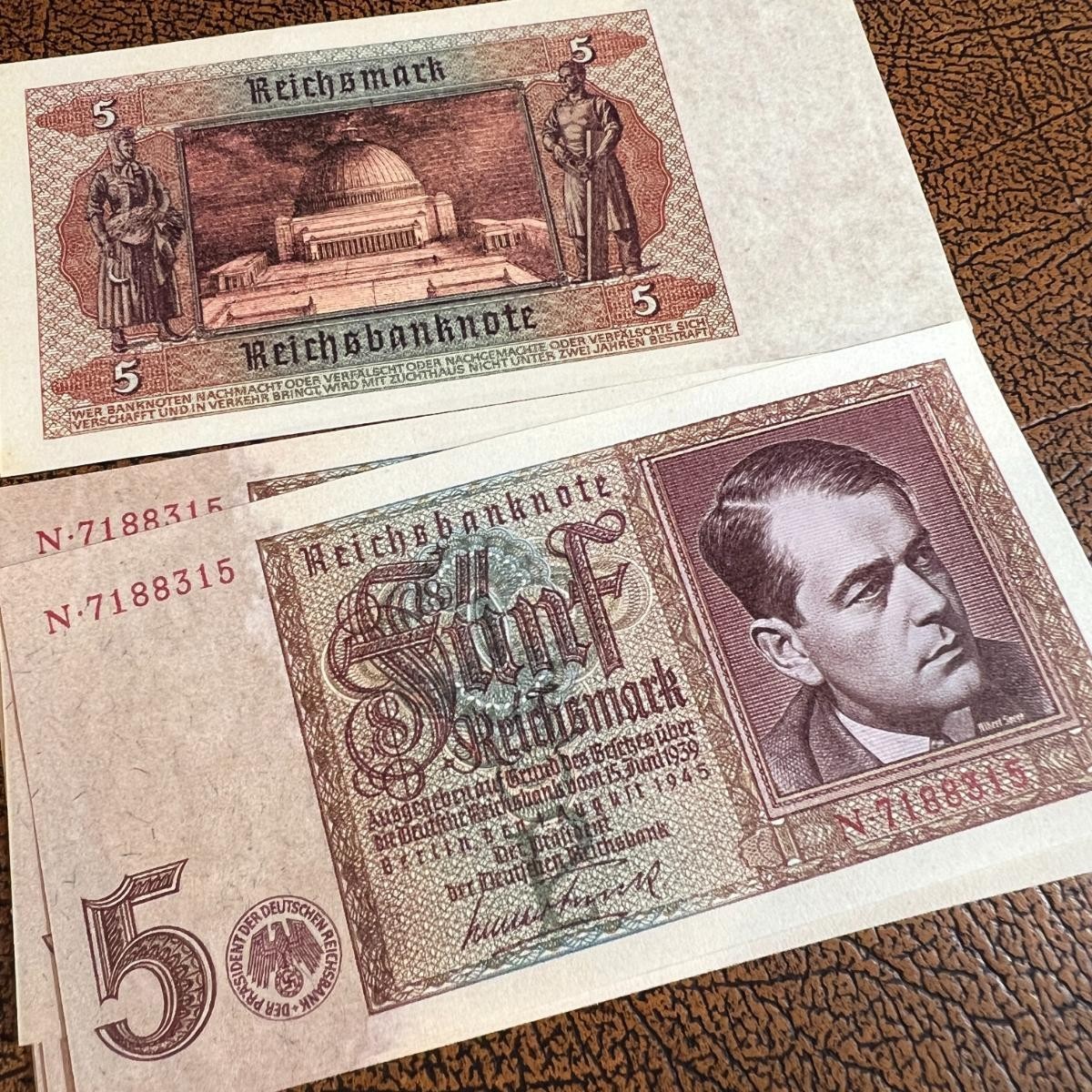 1945 Germany 5 3rd Reich set of Reichsmark banknotes. Hitler, Goebbels, Goering.