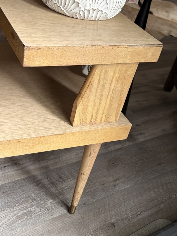 MCM Two Tier End Table Formica Top. Brass Capped Legs.