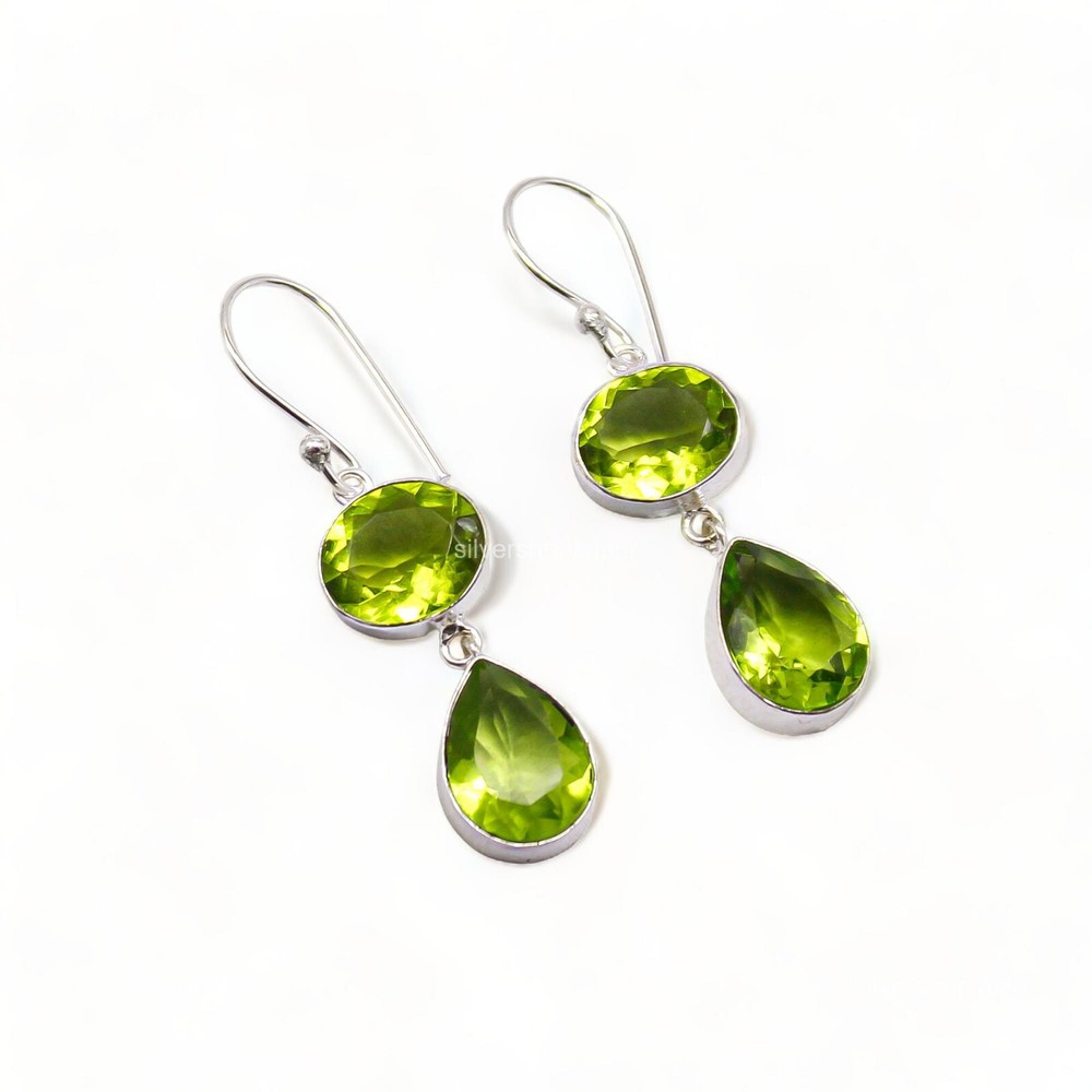 August Birth PERIDOT Stone Dangling Daughter Hook Boho Earrings 925 Solid Silver
