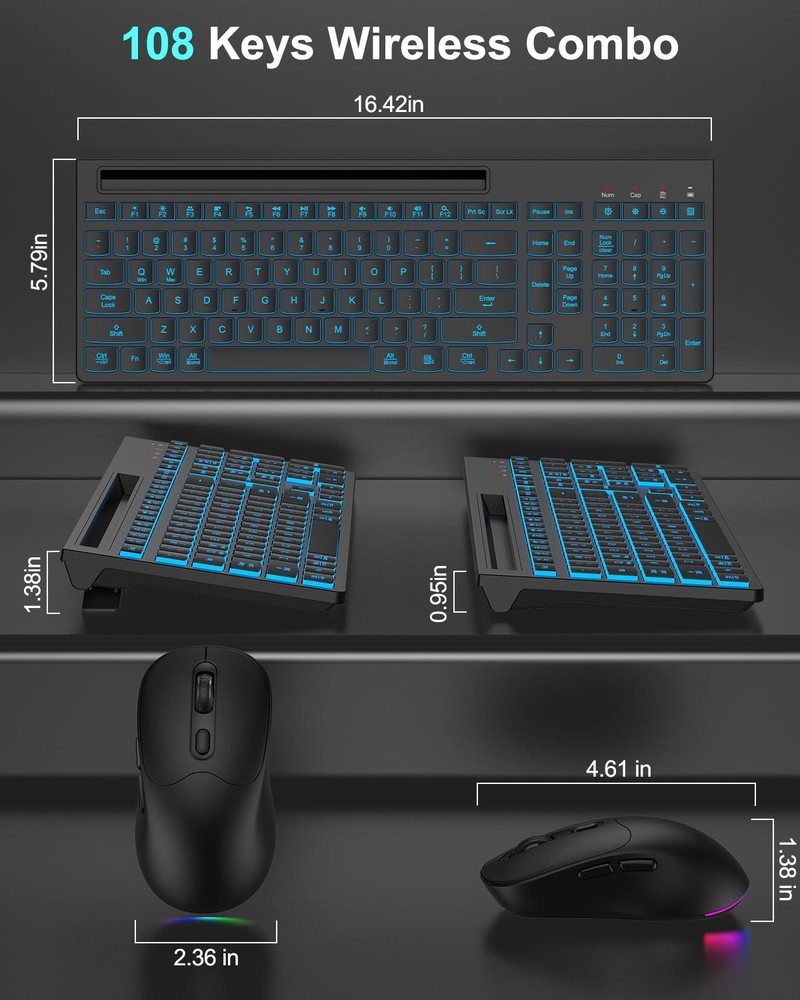 Wireless Keyboard and Mouse Combo, 7 Backlit Effects, Light Up Letters, Recha...