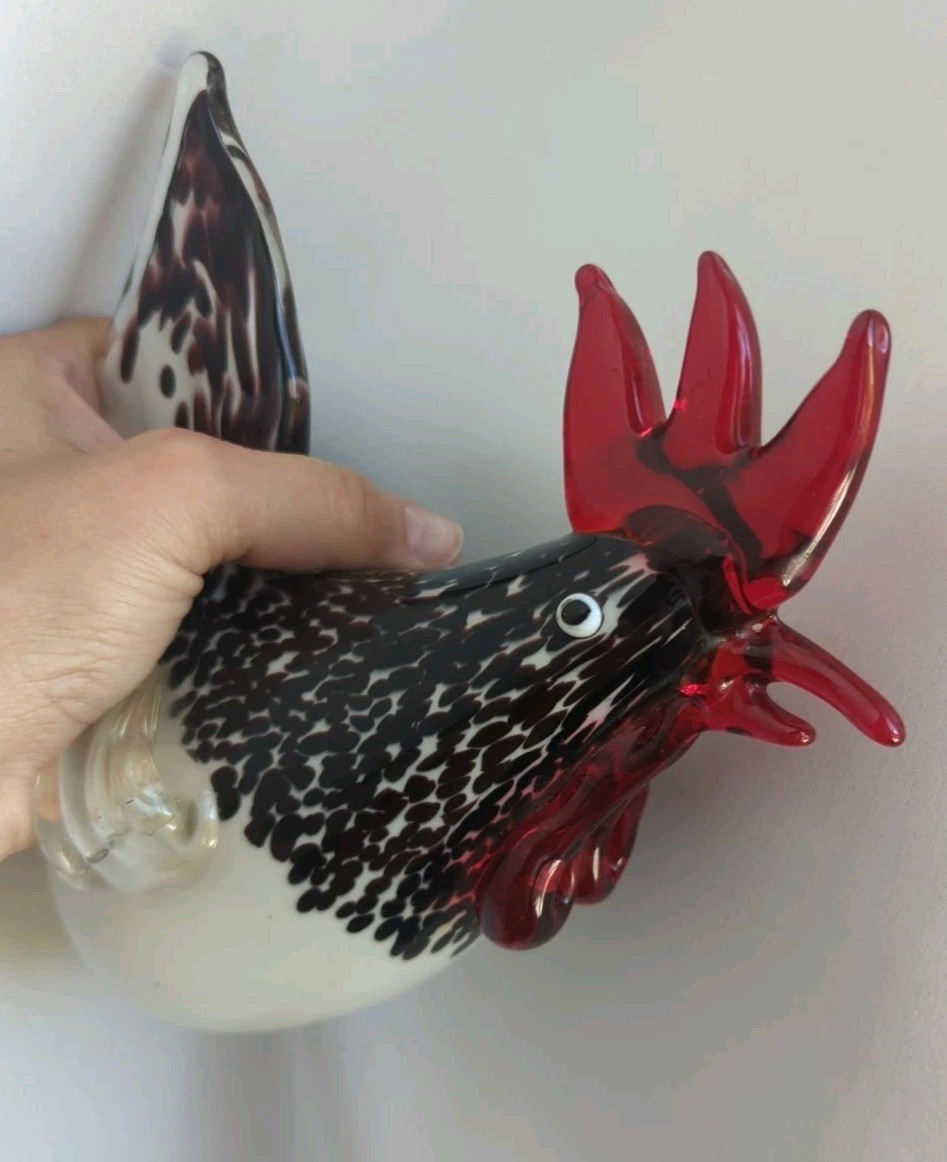 Black White Red Art Glass Heavy Rooster Bird Figurine Farm Decor Paperweight