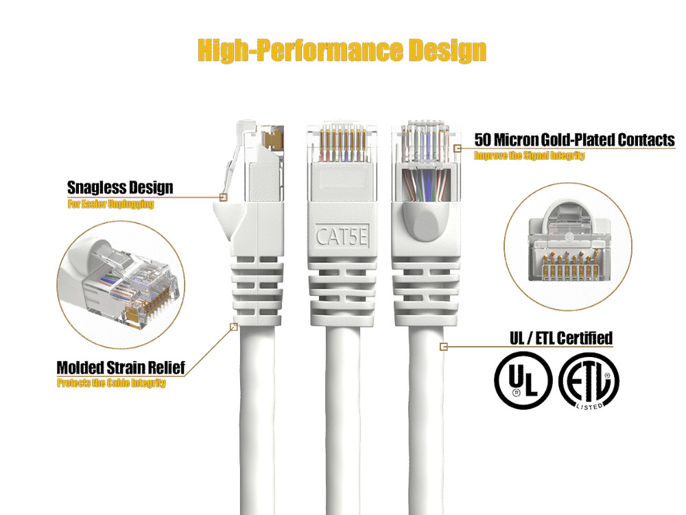 100ft Cat5e UTP Ethernet Network Patch Cable Snagless 24AWG Bare Copper, White