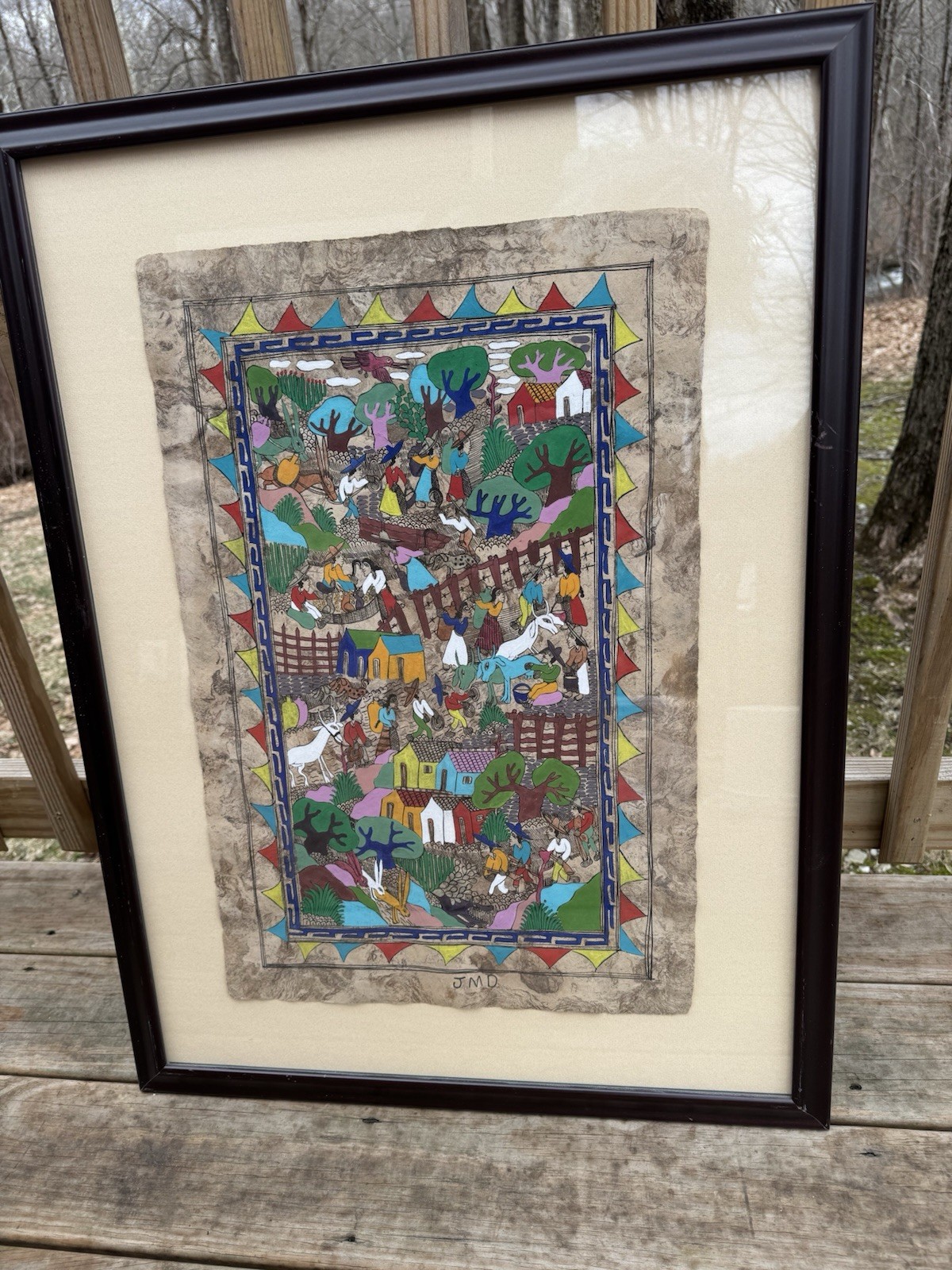 3 large Framed Mexican Folk Art On Bark Paper Hand Painted JMZ