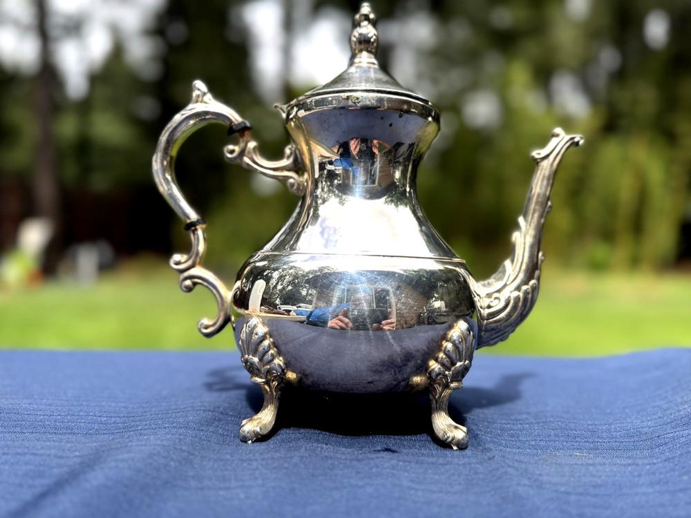 Victorian Style Silverplate Ornate Teapot with Lid and Decorative Footed Base