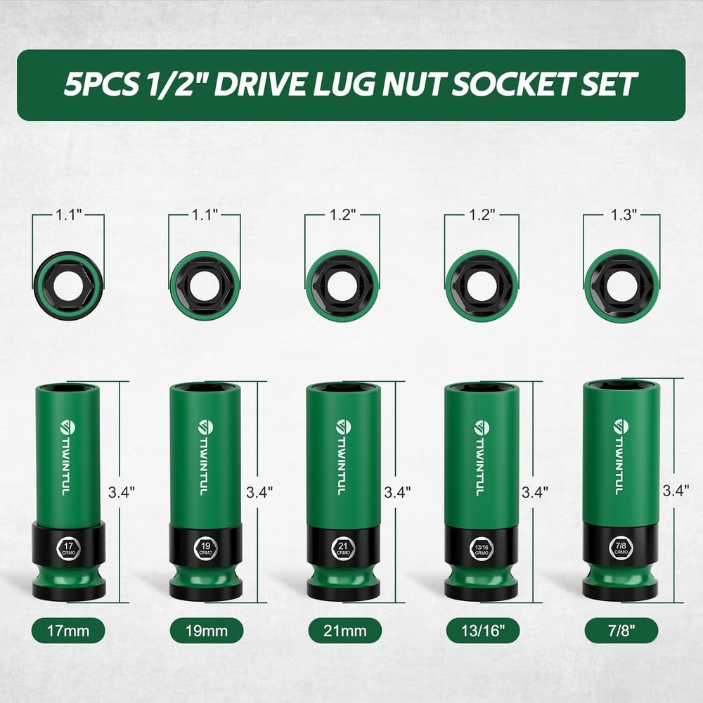 1/2" Wheel Protector Impact Socket Set, 5Pcs Non-Marring Lug Nut Socket Set, CR-
