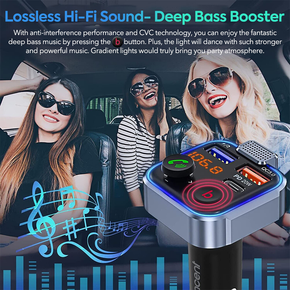 Bluetooth 5.0 Car Wireless FM Transmitter Adapter 2 USB PD Charger Hands-Free