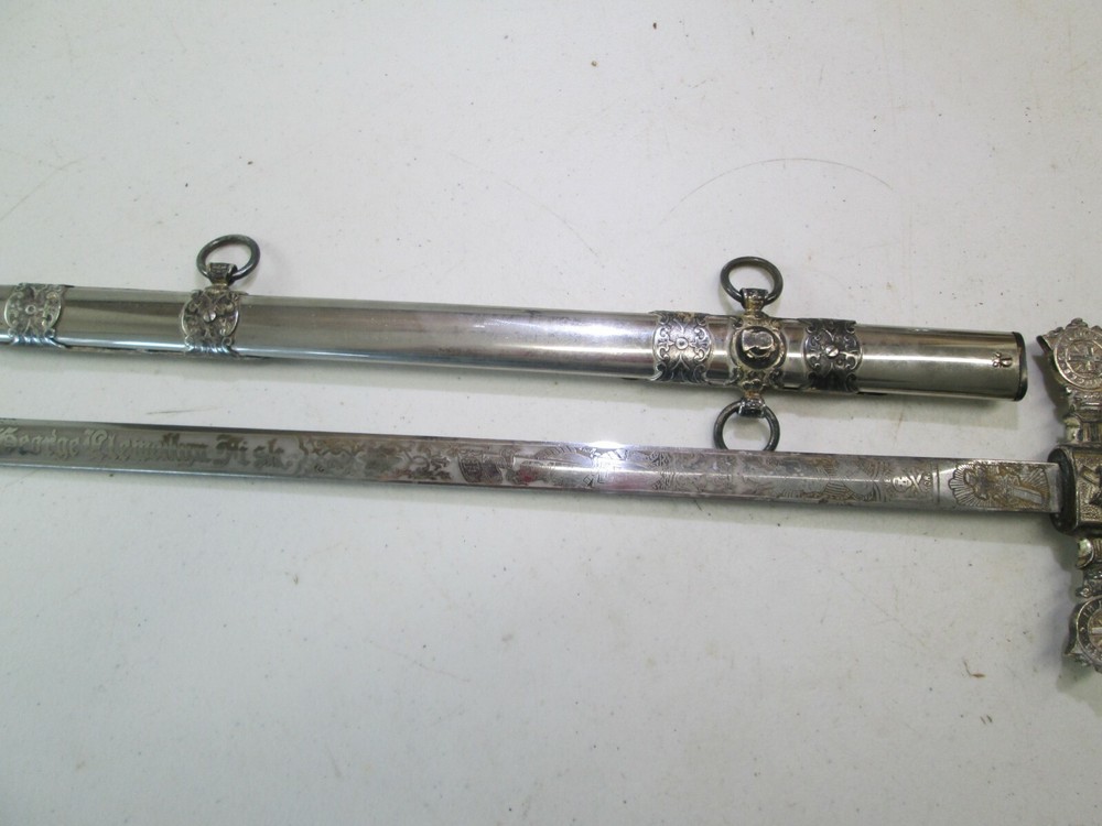 FRATERNAL SWORD & SCABBARD ETCHED BLADE NAMED AND MAKER