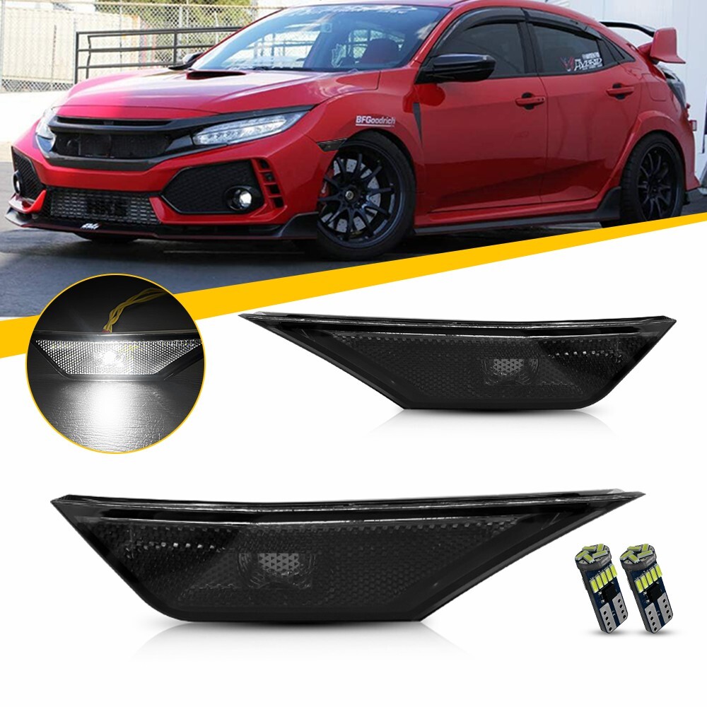 2PC For 2016-2021 Honda Civic Front LED Side Bumper Marker Smoked White LED EOA