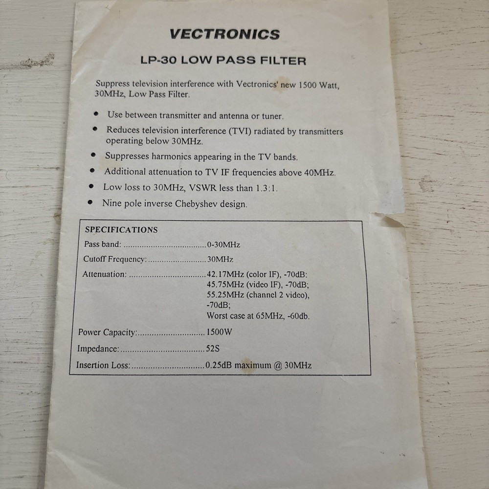 Vectronics LP-30 Low Pass Filter  Information Page