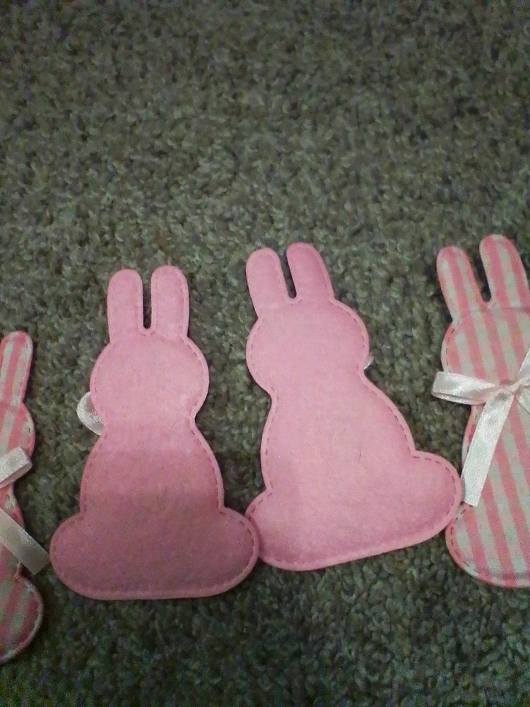 6 Easter Bunny Rabbits Felt & Gingham Fabric W/Bow Crafts Docoration