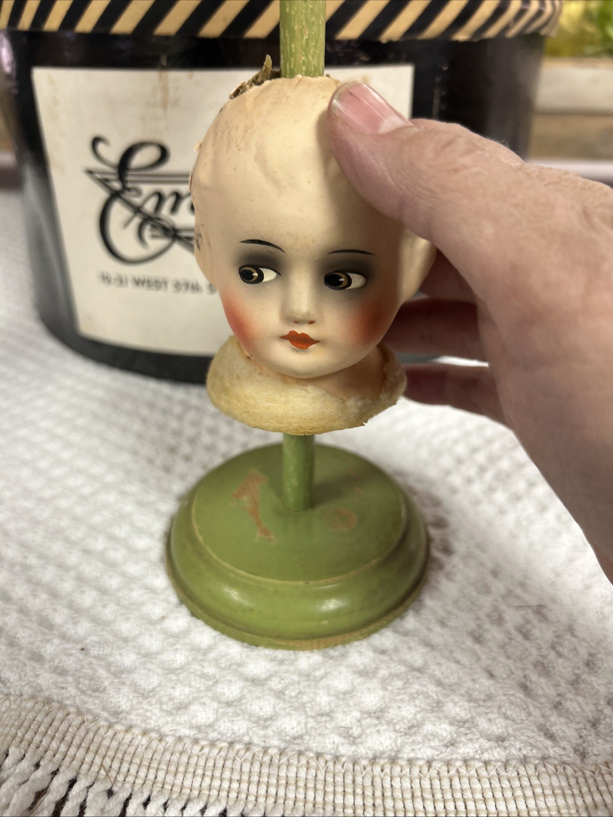Antique Papier-Mâché Side Eyed Doll Head Girl Wood Hat Stand 9.5" Creepy Germany