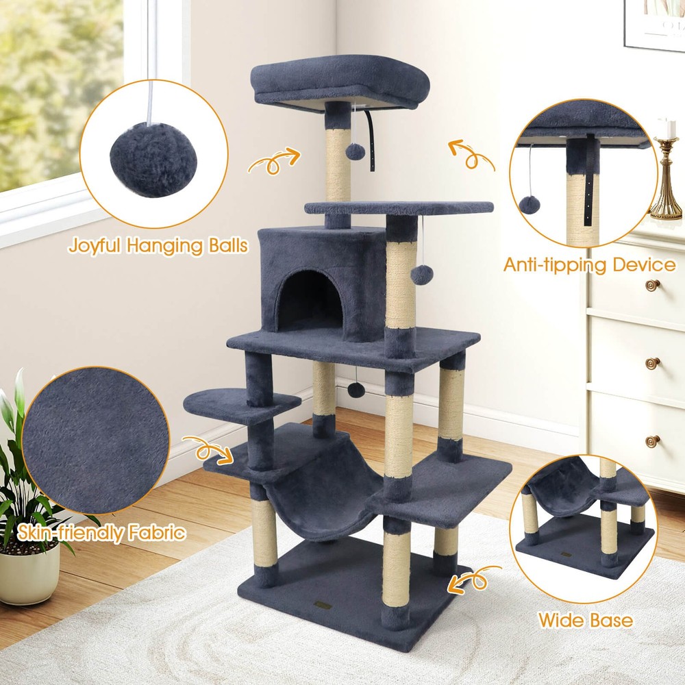 58” Tall Multi-level Cat Tree w/Upholstered Perch & Cat Condo, Comfy Hammock