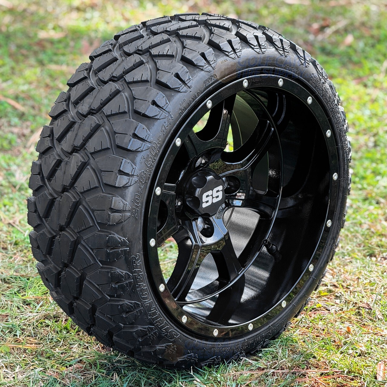 14" Stalker Black Golf Cart Wheels & 20x8.5-14" Stinger DOT Tires - Set of 4