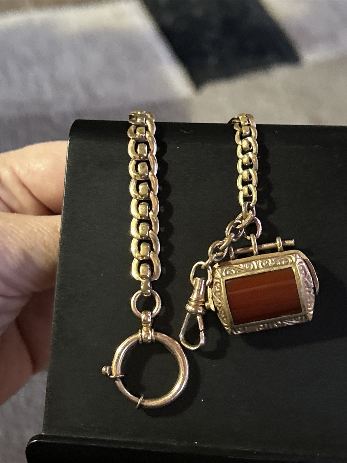 Vintage CHARNIER 1/10 Watch Chain Rose GF Abalone Carnelian Spinner GF Fob 11”