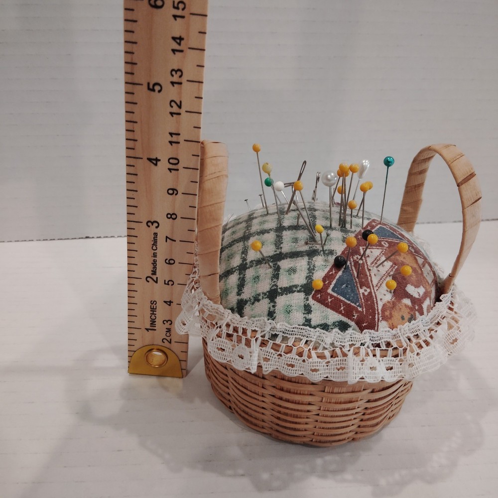 Vintage Handmade fabric pin cushion, patchwork pattern and lace trim