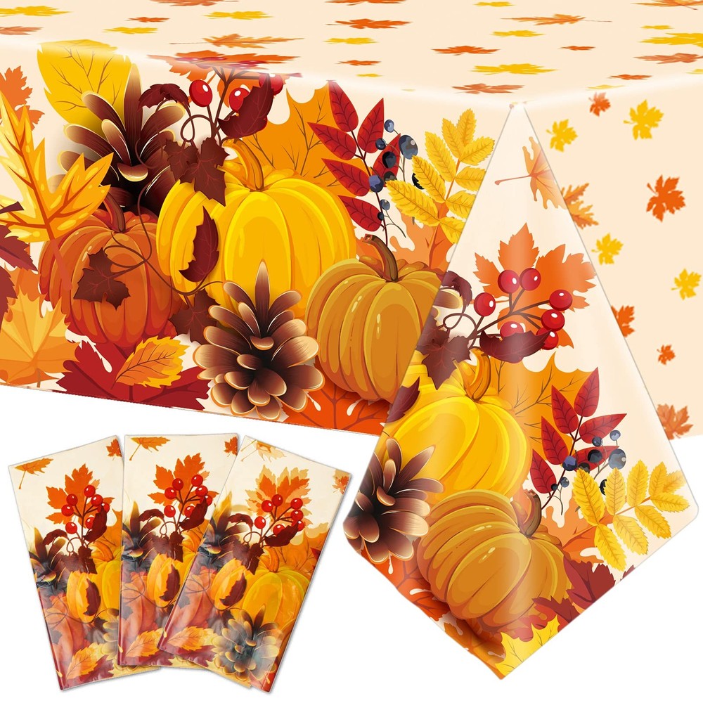 3 Pieces Fall Disposable Tablecloth Decoration Fall Theme Plastic Table Cover...