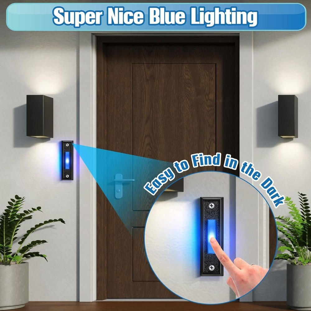 Energy-Efficient Lighted Doorbell Button - Wall Mount, Blue LED, 2 Pack