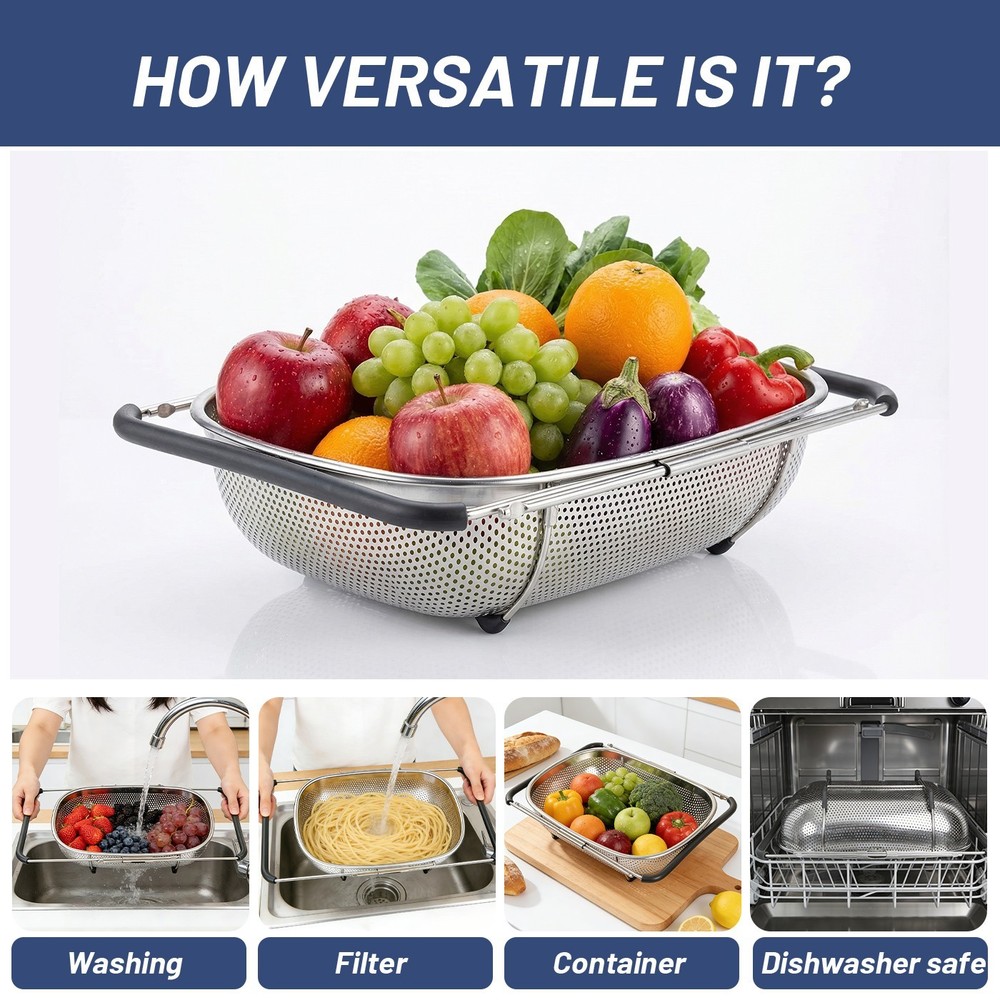 tatsyWay Over The Sink Colander Stainless Steel Oval Fine Mesh Strainer Kitchen